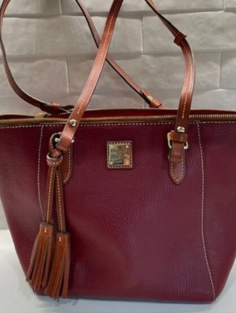 Dooney&Bourke Bordeaux Pebble Leather Maxine Tote Zip Close Tassels Dust Bag EUC